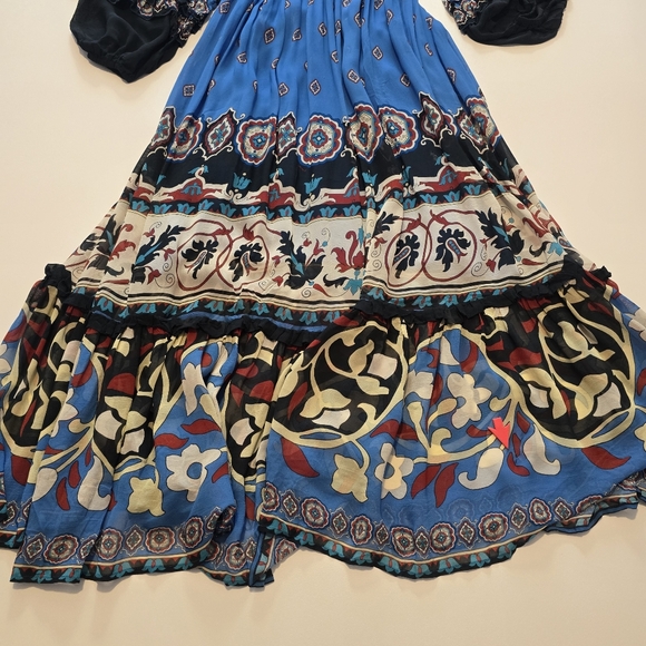 FARM Rio Anika Tiles Blue Maxi Dress Gown Long Sleeve V-Neck - Picture 2 of 14